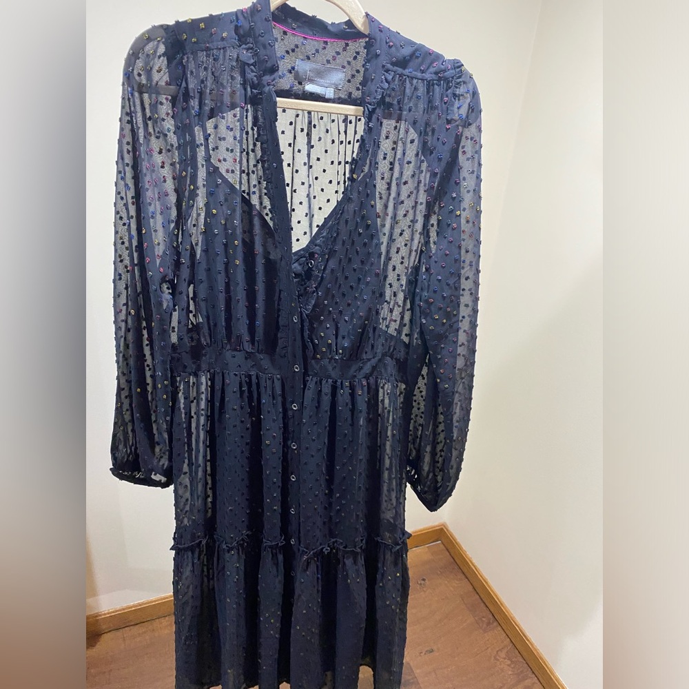 Anthropologie Flowy Black Midi Dress with Multicolor Polka Dots with Slip